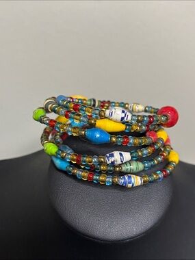 Vintage Colorful Glass & Paper Bead Beaded Coil Bracelet - Multicolor Rainbow